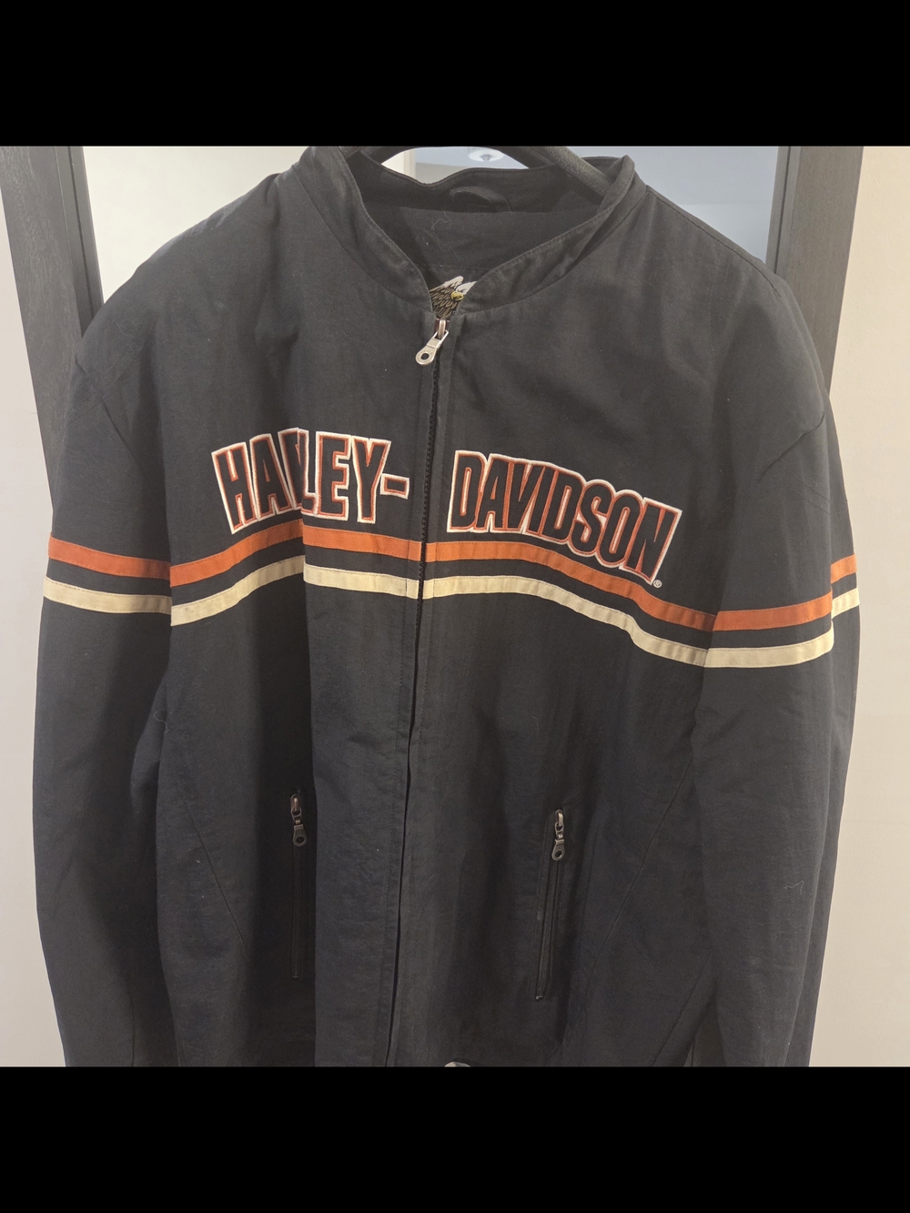 Harley-Davidson Black Jacket with Orange and Cream Racing Stripes